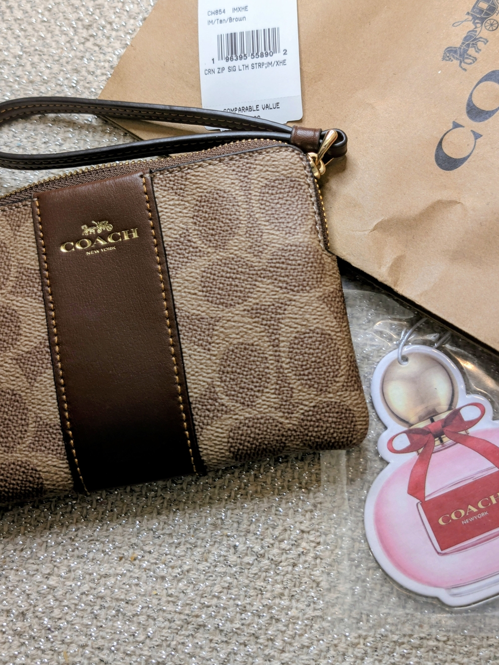COACH Brown Signature Canvas Wristlet with Leather Stripe